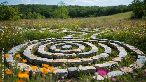 A meditative labyrinth in a field of wildflowers, with spiral stone paths guiding the walker inward for spiritual reflection, calm atmosphere
