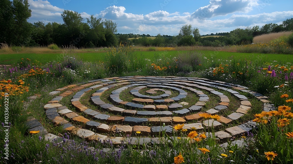 A meditative labyrinth in a field of wildflowers, with spiral stone paths guiding the walker inward for spiritual reflection, calm atmosphere A meditative labyrinth in a field of wildflowers, with spiral stone paths guiding the walker inward for spiritual reflection, calm atmosphere