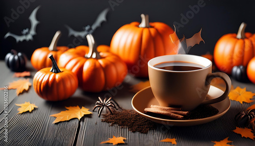 Cozy autumn scene featuring a warm cup of coffee among pumpkins, leaves, and playful bats, perfect for seasonal imagery.