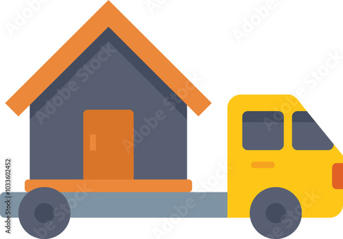 Minimal illustration of a truck transporting a tiny house, symbolizing the concept of mobile living and downsizing trends