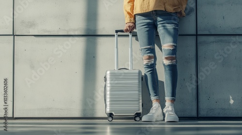 Excited traveler with luggage at airport, ready for journey. Anticipation fills the air in hustle and bustle. Modern, casual look against concrete walls. No face shown