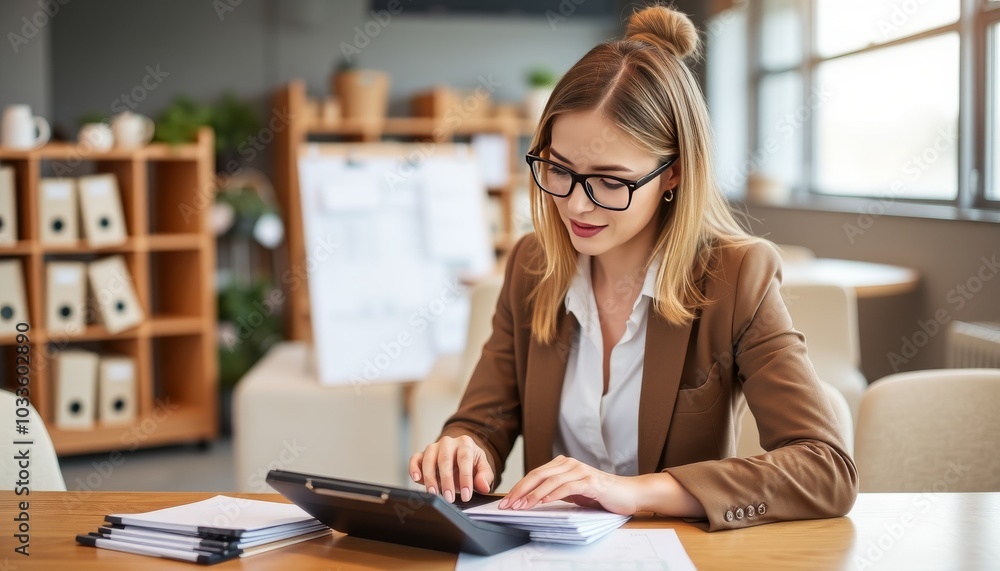 Professional Woman Working at Desk Using Tablet Professional Woman Working at Desk Using Tablet
