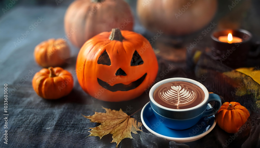 Cozy autumn scene with a latte art coffee cup, pumpkins, and a warm ambiance. Perfect for Halloween-themed visuals. Cozy autumn scene with a latte art coffee cup, pumpkins, and a warm ambiance. Perfect for Halloween-themed visuals.