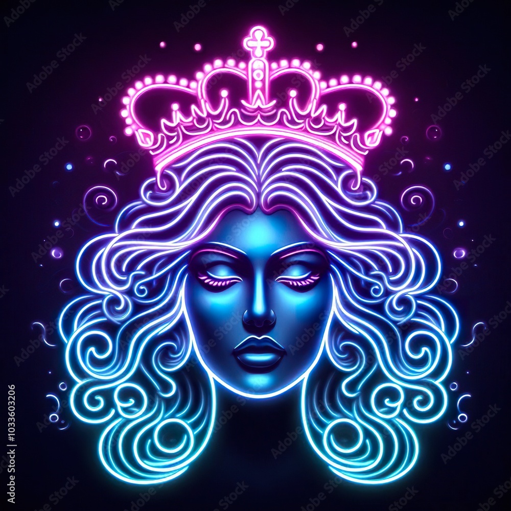 Queen head in neon style, Portrait of glow light neon style Queen head in neon style, Portrait of glow light neon style