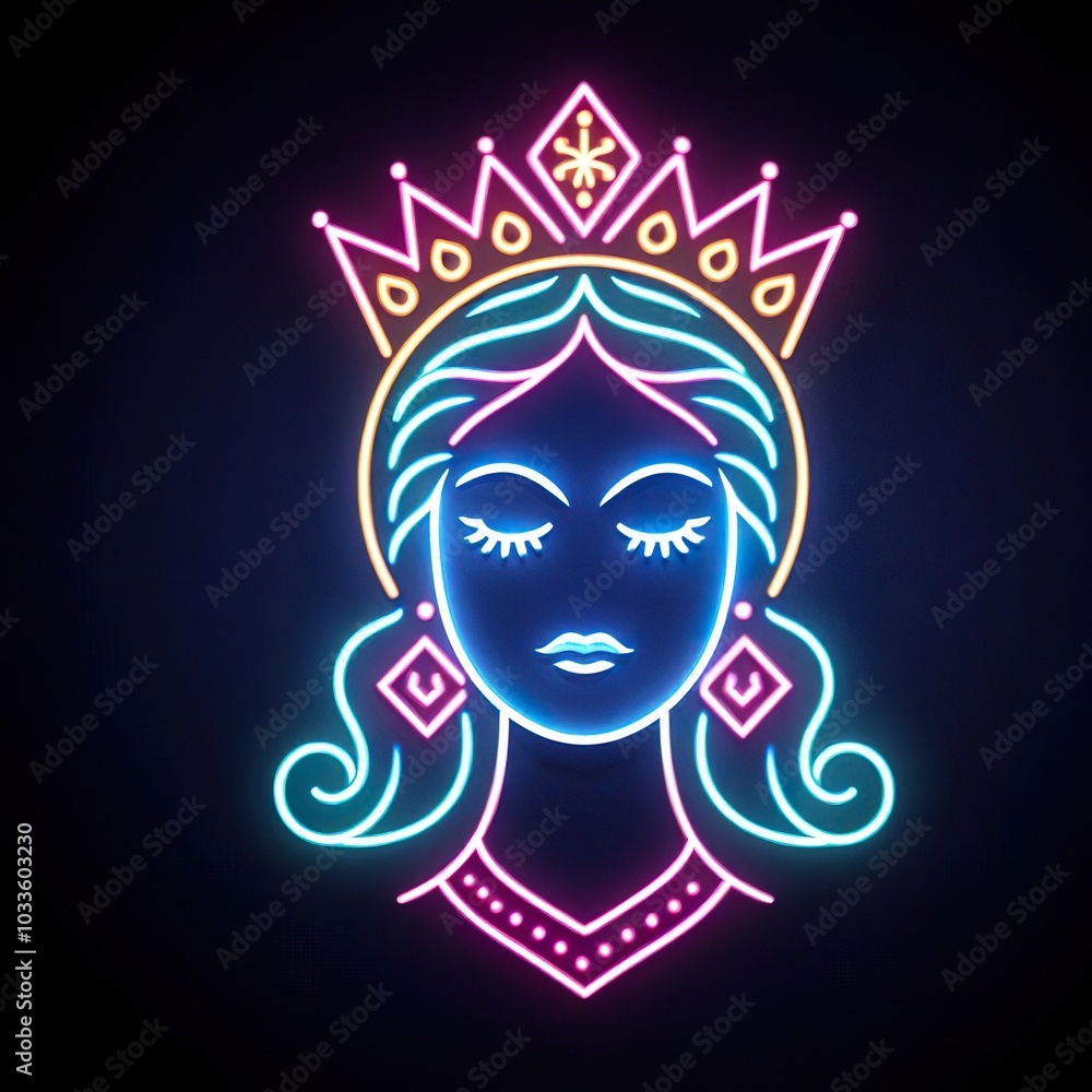 Queen head in neon style, Portrait of glow light neon style Queen head in neon style, Portrait of glow light neon style