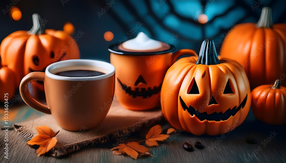 Cozy autumn scene with Halloween pumpkins and steaming coffee cups, perfect for seasonal themes and festive gatherings. Cozy autumn scene with Halloween pumpkins and steaming coffee cups, perfect for seasonal themes and festive gatherings.