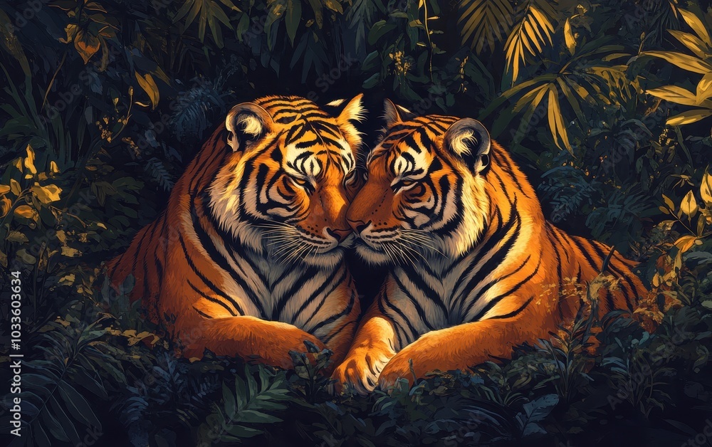 Two Tigers Resting in Lush Foliage Two Tigers Resting in Lush Foliage