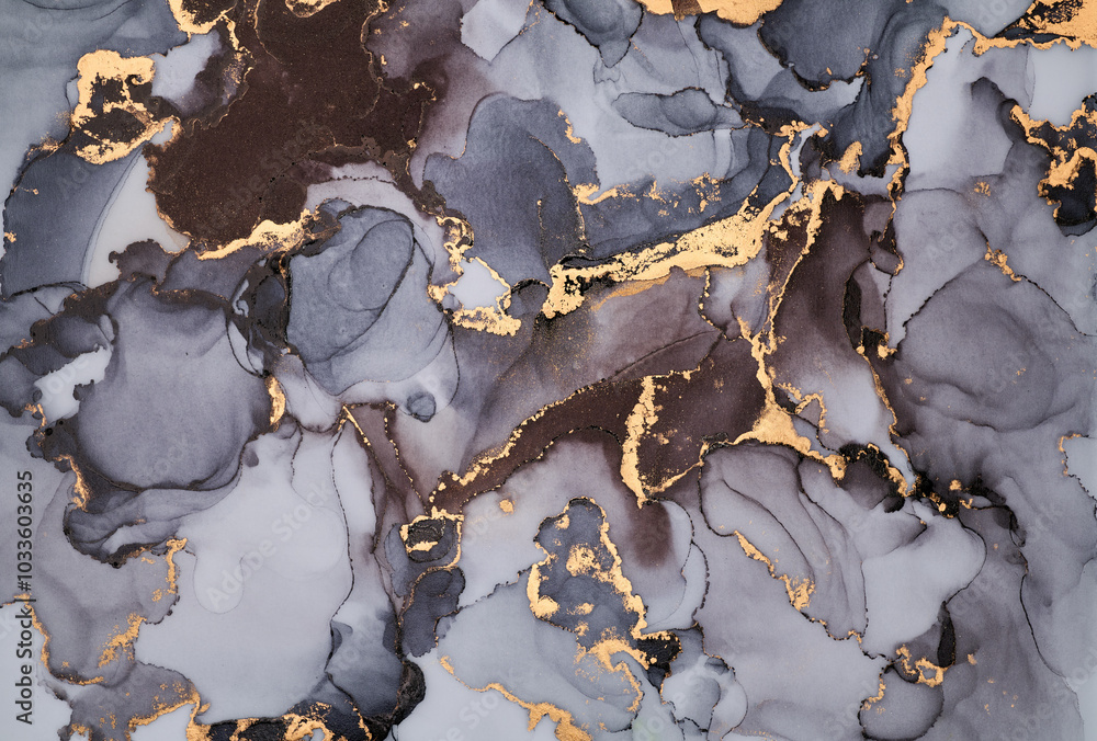 Obraz premium Soft waves of translucent color meet shimmering gold accents in abstract art, fluid shapes create a dynamic landscape. The liquid ink technique create depth and movement, both spontaneous and refined