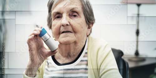 Tableau sur toile Old woman using an asthma inhaler, geometric pattern