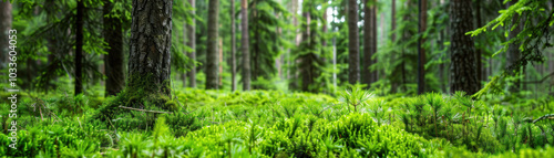 A lush green forest with a tree in the foreground