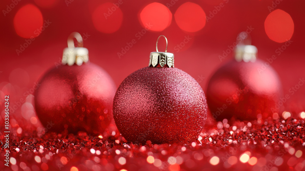 Three red ornaments are sitting on a red background Three red ornaments are sitting on a red background