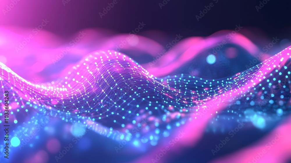 Abstract Wavy Network with Glowing Blue and Pink Lights Abstract Wavy Network with Glowing Blue and Pink Lights