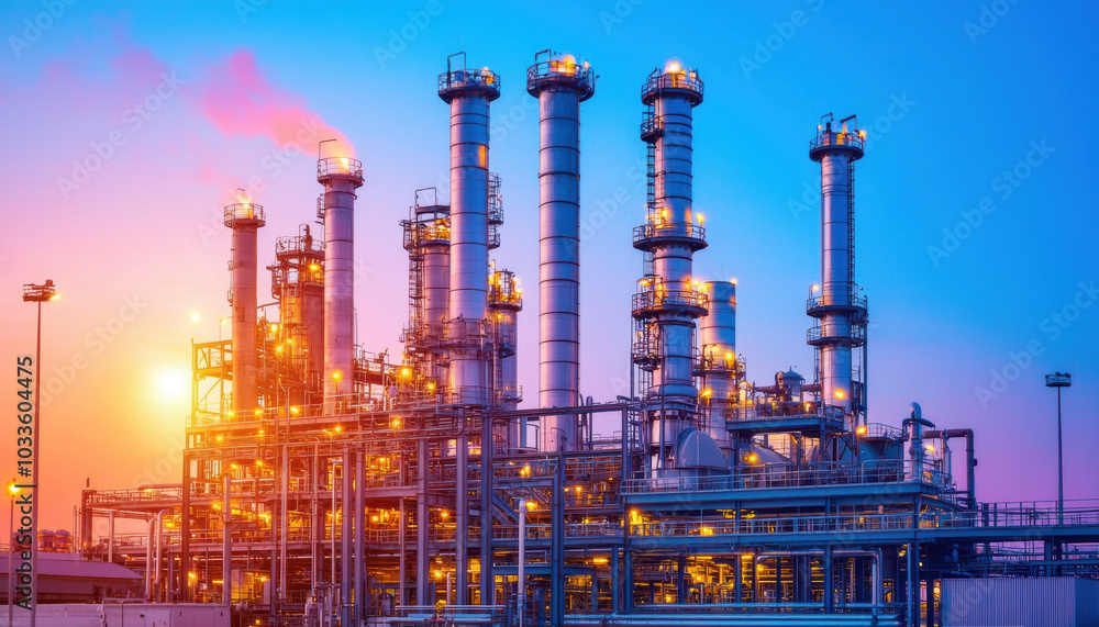 A vibrant industrial landscape showcasing a refinery at sunset, with towering smokestacks and pipes emitting steam against a colorful sky. A vibrant industrial landscape showcasing a refinery at sunset, with towering smokestacks and pipes emitting steam against a colorful sky.