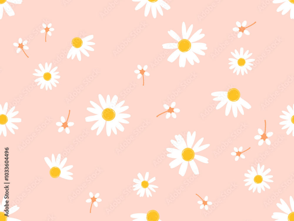 Seamless pattern with daisy and small white flower on pink background vector. Cute floral print. Seamless pattern with daisy and small white flower on pink background vector. Cute floral print.