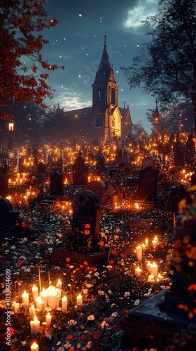  A beautifully lit cemetery filled with glowing candles during a night vigil, possibly representing Día de los Muertos or All Saints' Day.