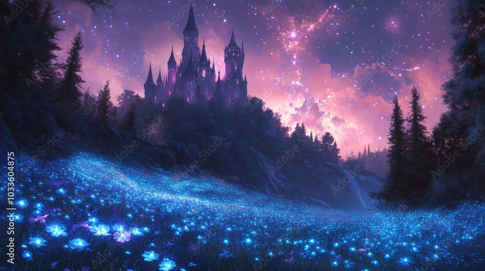 A mystical pink castle surrounded by a forest of bioluminescent flowers, shimmering under a violet night sky filled with constellations A mystical pink castle surrounded by a forest of bioluminescent flowers, shimmering under a violet night sky filled with constellations