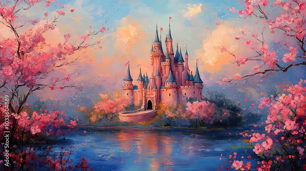 A whimsical painting of a pink castle surrounded by blossoming flowers, each petal shimmering with magic A whimsical painting of a pink castle surrounded by blossoming flowers, each petal shimmering with magic