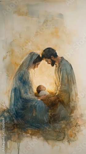  Tender, soft painting of Mary, Joseph, and baby Jesus, representing the holy family and the warmth of the nativity scene, symbolizing love, faith, and devotion.