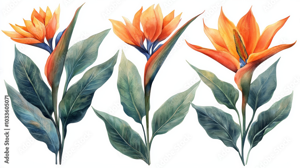 Fototapeta premium Set of Jungle Leaves and Flowers - Strelitzia Tropical