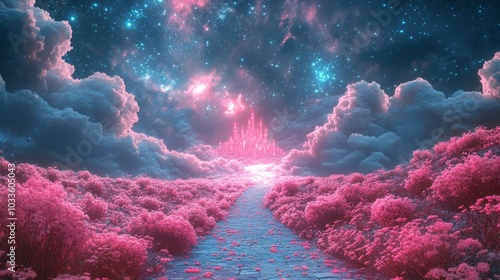 A flower-strewn pathway leading to a shimmering pink castle, under a starlit sky, Fantasy, Psychedelic colors, Holographic, 3D render, Ethereal lighting photo