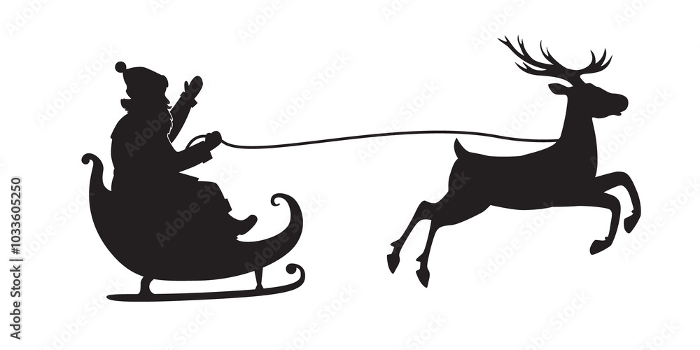 Obraz premium Black silhouette of Santa Claus flying in a sleigh on a reindeer sleigh. Illustration on transparent background