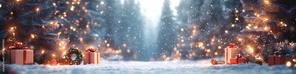 Magical Snowy Christmas Forest with Gift Boxes, Wreaths, and Twinkling Lights in Winter Wonderland Magical Snowy Christmas Forest with Gift Boxes, Wreaths, and Twinkling Lights in Winter Wonderland