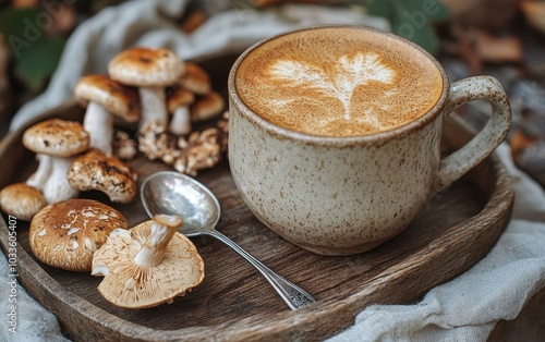 Coffee and Mushrooms on Wooden Tray