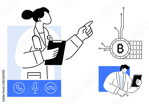 A doctor with a clipboard appears to provide a virtual healthcare consultation while a man uses a tablet. Ideal for telemedicine, digital health, blockchain in healthcare, technology integration