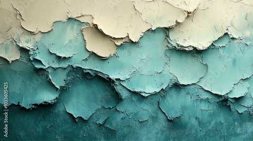 A close-up shot of an old wall with peeling paint in turquoise and white, showing the texture of the wall underneath.