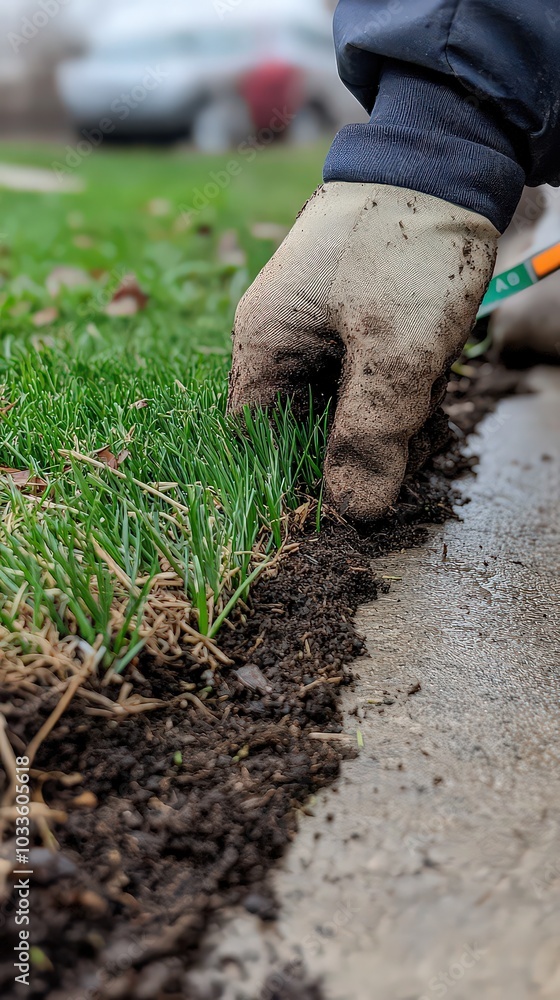 Obraz premium Close-up of landscaper's hands as they press the edge of turf into place along concrete pathway.