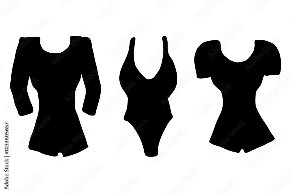 Woman bodysuits. Collection of simple doodle silhouettes. Technical fashion illustration. Front, black color. Isolated elements Woman bodysuits. Collection of simple doodle silhouettes. Technical fashion illustration. Front, black color. Isolated elements