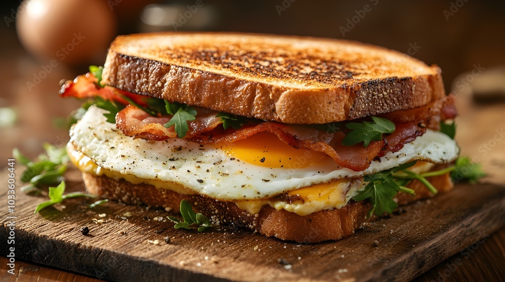 A perfectly toasted gourmet bacon and egg sandwich, garnished with vibrant herbs, pepper dusting, set against a rustic wooden table, natural lighting A perfectly toasted gourmet bacon and egg sandwich, garnished with vibrant herbs, pepper dusting, set against a rustic wooden table, natural lighting