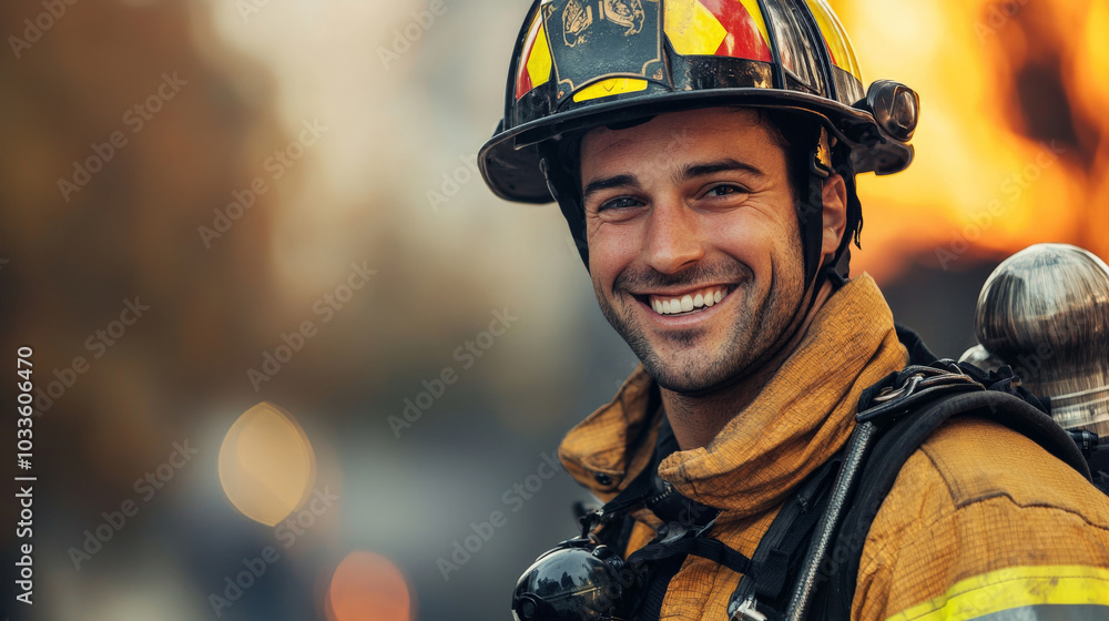 A firefighter smiling proudly after a successful rescue mission A firefighter smiling proudly after a successful rescue mission