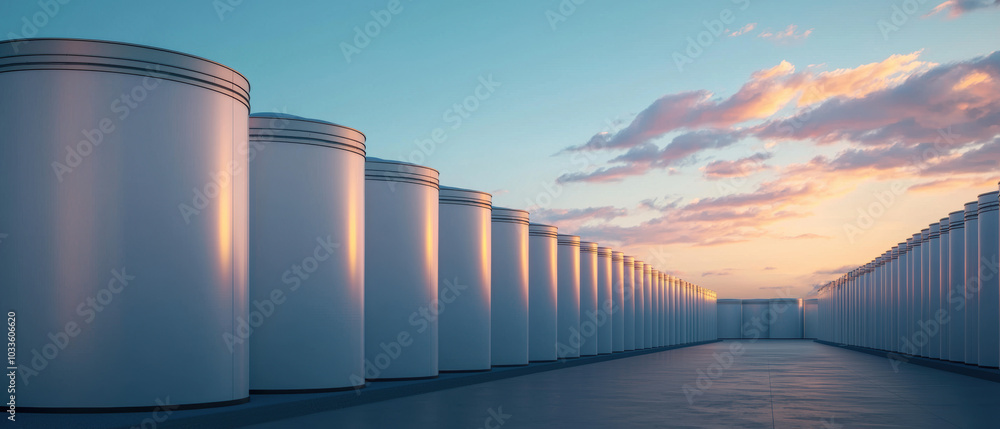 A serene landscape featuring rows of sleek storage tanks against a vibrant sky at sunset, highlighting industrial architecture in a tranquil setting. A serene landscape featuring rows of sleek storage tanks against a vibrant sky at sunset, highlighting industrial architecture in a tranquil setting.