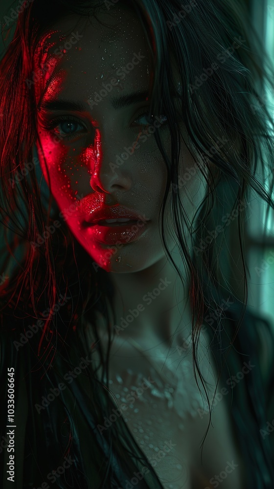 Intense Portrait of a Woman with Red Light and Water Drops Intense Portrait of a Woman with Red Light and Water Drops