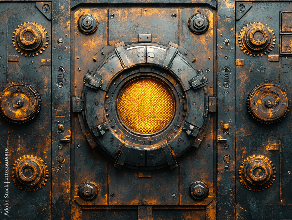 close-up of a futuristic spaceship door with a large circular portal in the center. close-up of a futuristic spaceship door with a large circular portal in the center.