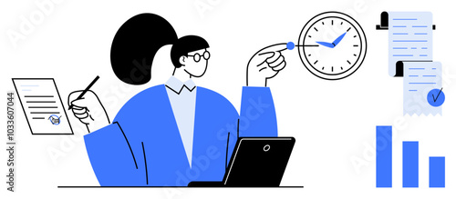 A professional wearing glasses works at a desk with a laptop, pointing at a clock. Documents, charts, and a checklist are also visible. Ideal for productivity, time management, office work