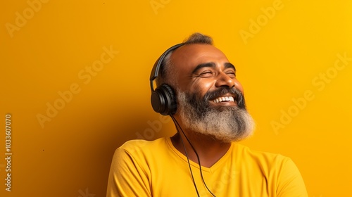 A man with a beard smiles while wearing headphones against a yellow background.