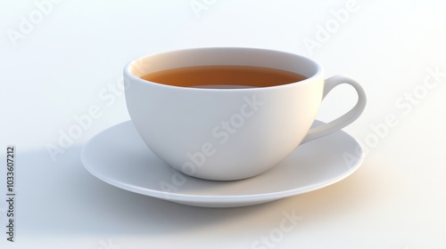 A simple white cup with a saucer, filled with tea, on a plain background.