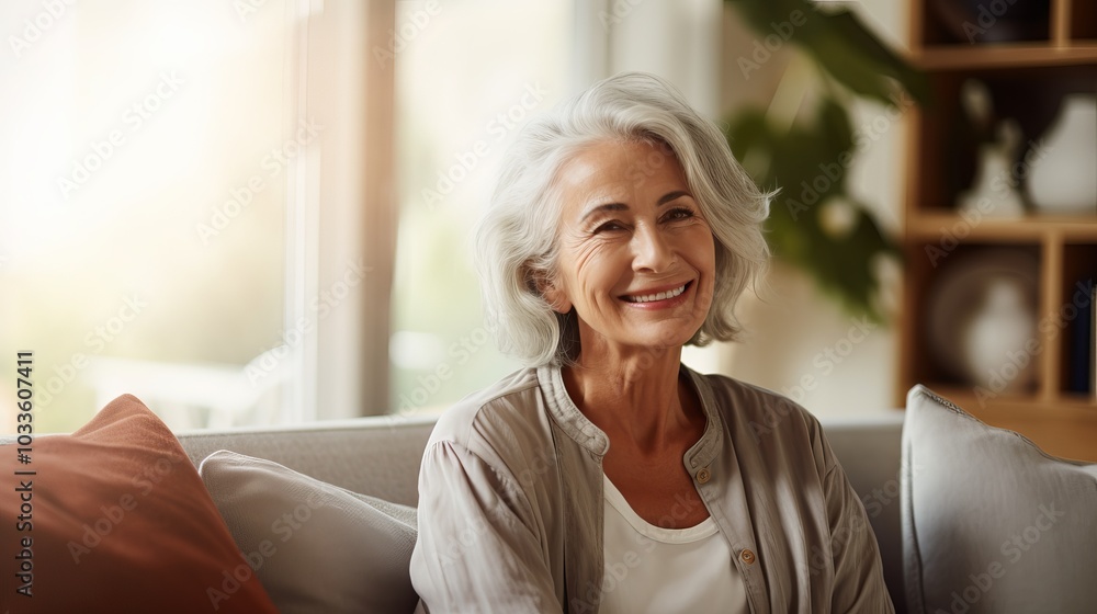 A smiling senior woman sits on a couch, looking happy and relaxed. A smiling senior woman sits on a couch, looking happy and relaxed.