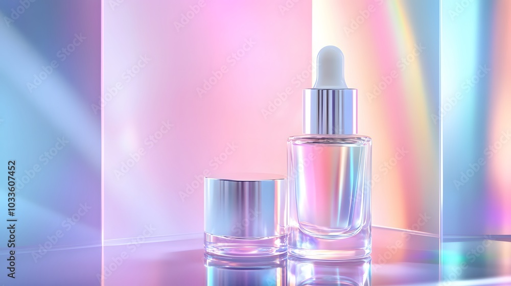 Glass Dropper Bottle and Cap on a Holographic Background Glass Dropper Bottle and Cap on a Holographic Background