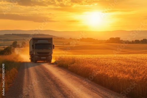 Grain Truck on Rural Road: Harvest Season in the Countryside at Sunset