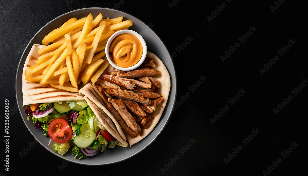 plate with Shawarma Doner kebab french fries and salad against a black background. top view, copy space plate with Shawarma Doner kebab french fries and salad against a black background. top view, copy space