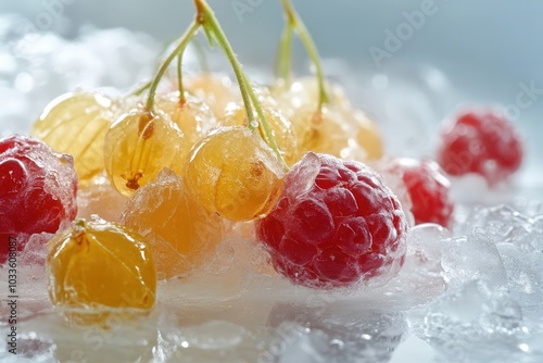 Ground Cherries and Raspberry Ice Dessert with Seeded Pod Fruit
