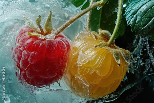 Ground Cherries. Raspberries and Ground Cherries Encased in Delicious Ice