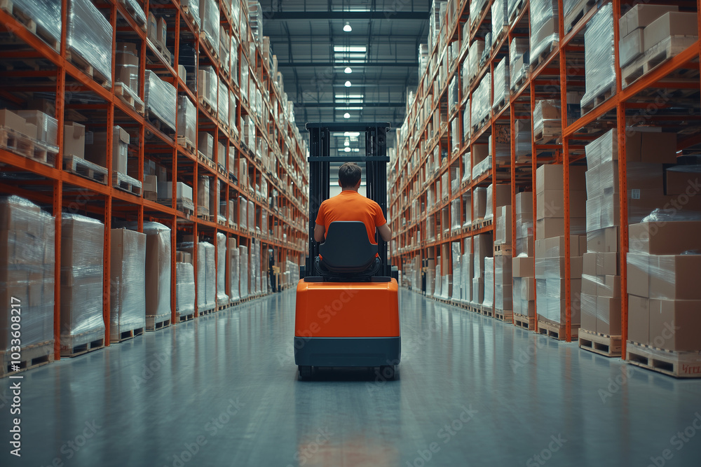 Man working at a logistics warehouse, managing inventory with forklifts and stacked boxes