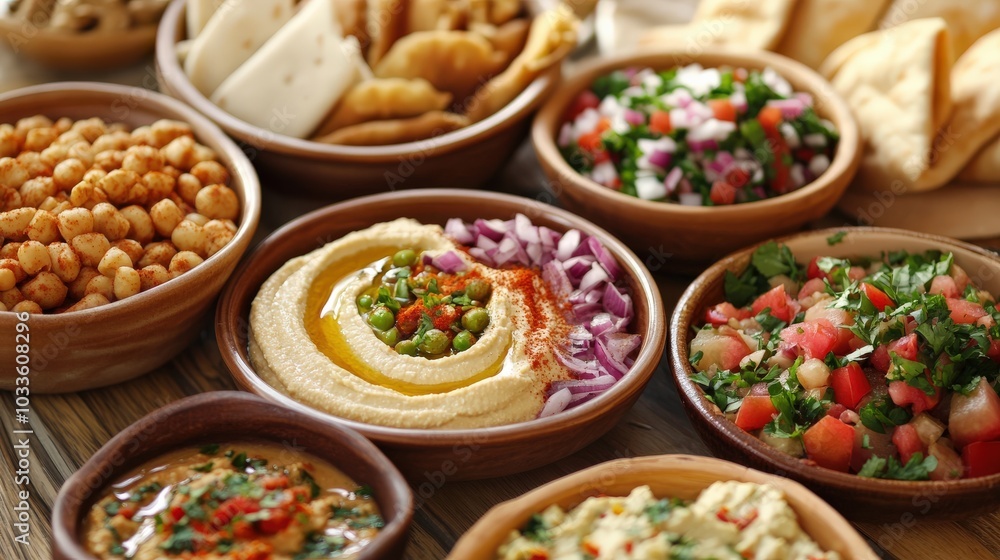 Lebanese Food Assorted Bowl. Arab Cuisine with a Variety of Mixed Assortment including Hummus and Pita Bread Lebanese Food Assorted Bowl. Arab Cuisine with a Variety of Mixed Assortment including Hummus and Pita Bread