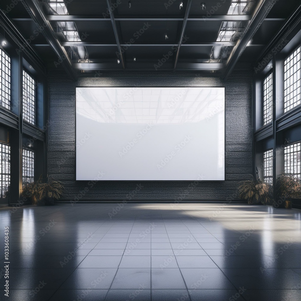 Big blank light screen instead of wall with projectors in empty industrial style hall room with glossy floor. Mockup. 3D rendering. Big blank light screen instead of wall with projectors in empty industrial style hall room with glossy floor. Mockup. 3D rendering.