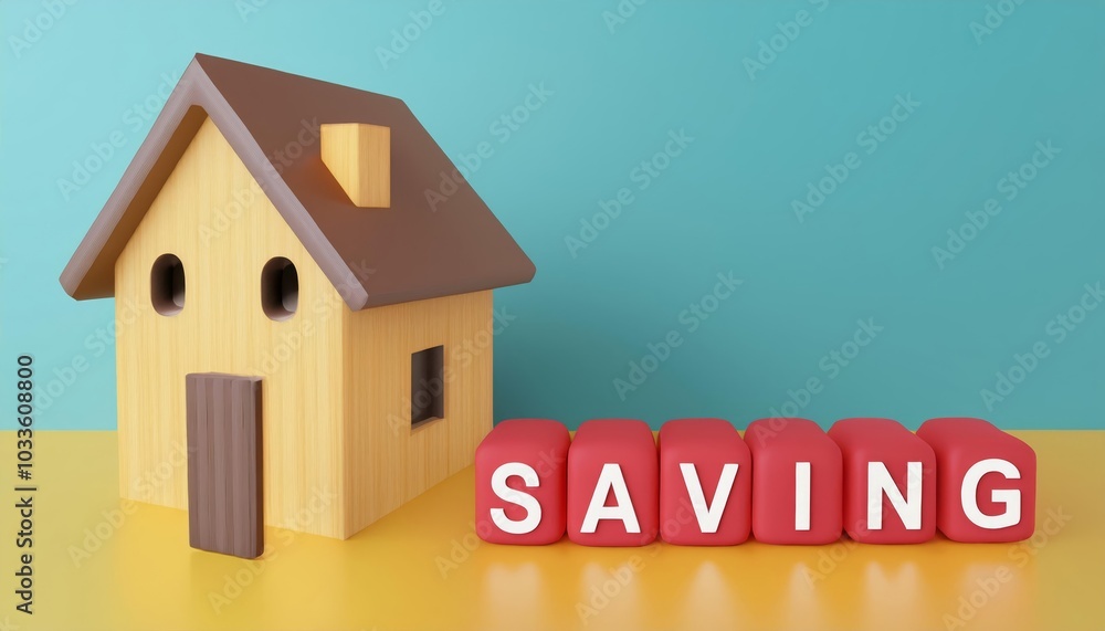 A wooden house model next to colorful blocks spelling A wooden house model next to colorful blocks spelling