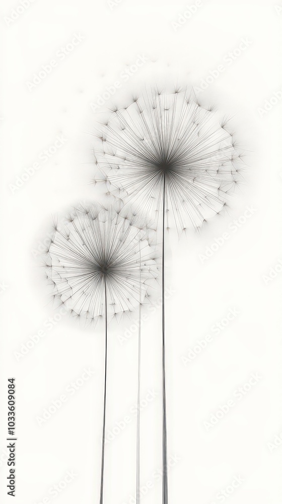 Obraz premium Two tall, delicate dandelions with fine stems and soft seed heads, depicted in a minimalist, black-and-white style that highlights their airy, fragile nature.